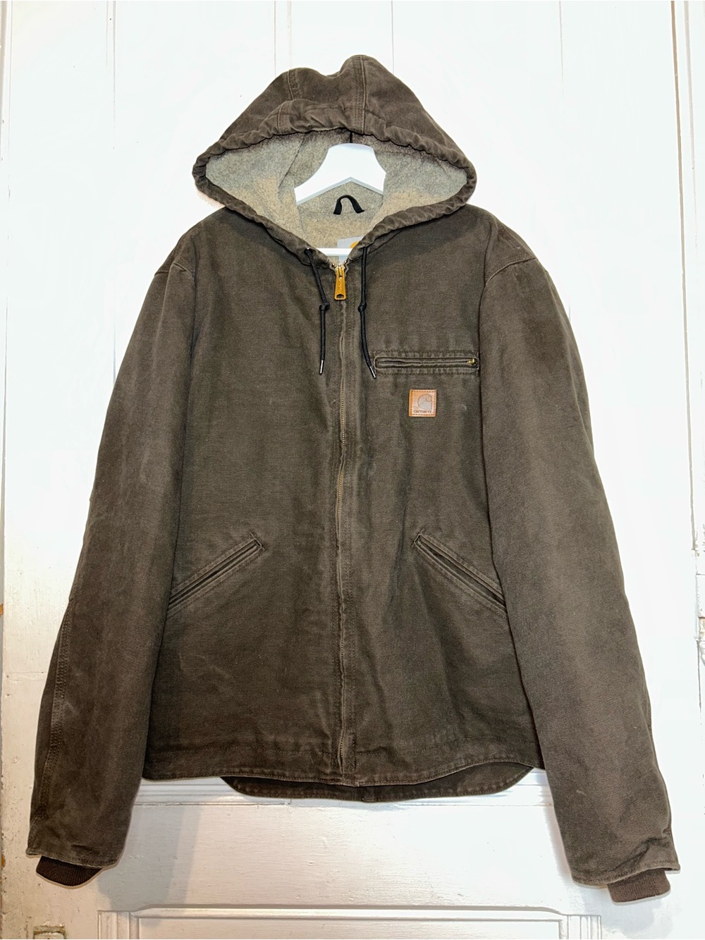 Carhartt J141 WAL Walnut Brown Hooded Zip Sherpa Lined Jacket Coat